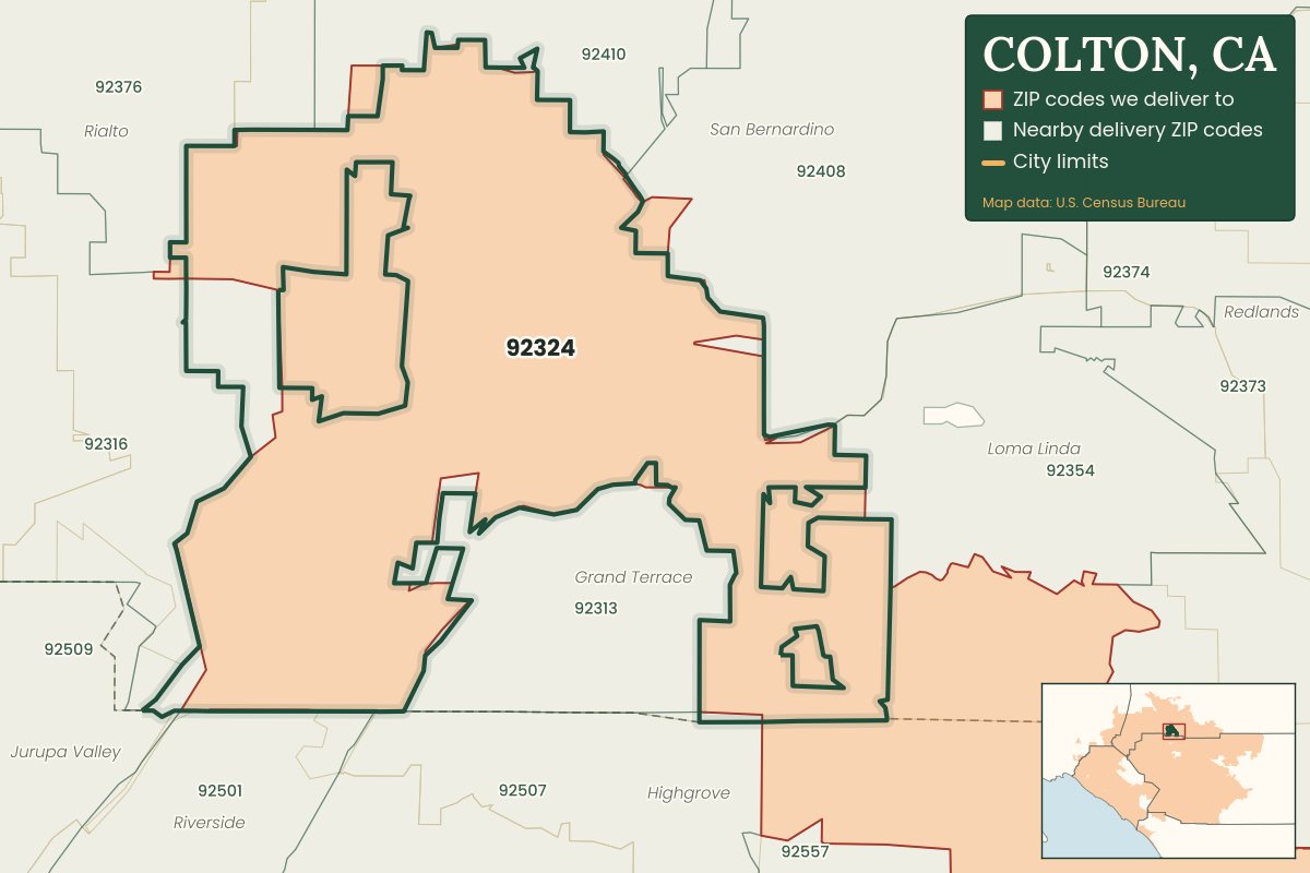 Map of Colton, CA showing the ZIP codes Weed Delivery Redlands delivers to: 92324