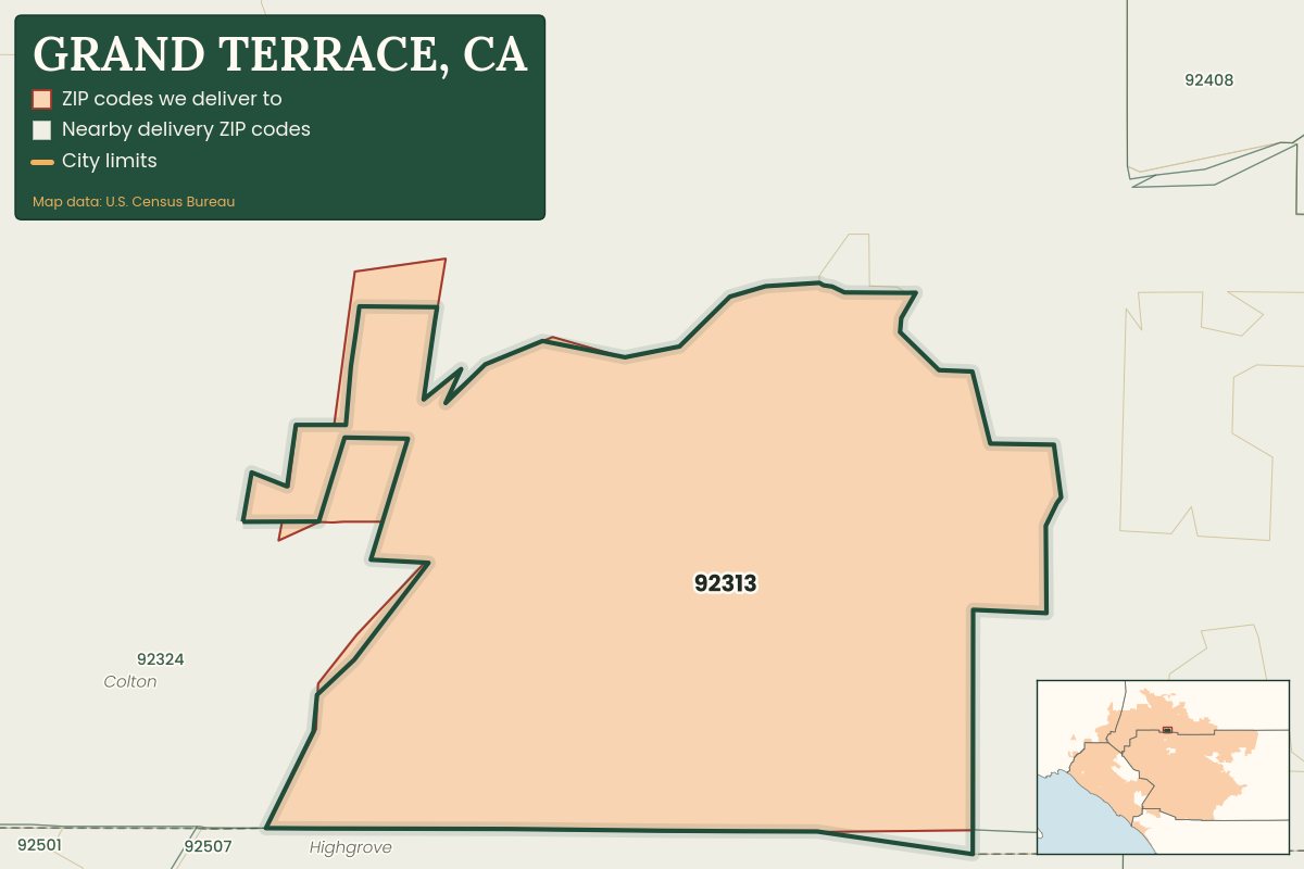 Map of Grand Terrace, CA showing the ZIP codes Weed Delivery Redlands delivers to: 92313