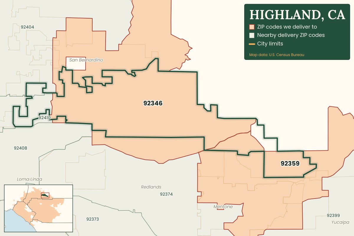 Map of Highland, CA showing the ZIP codes Weed Delivery Redlands delivers to: 92346, 92359