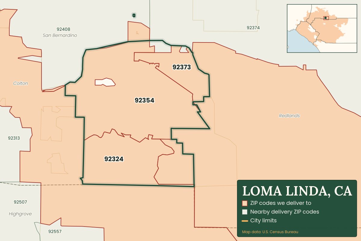Map of Loma Linda, CA showing the ZIP codes Weed Delivery Redlands delivers to: 92324, 92354, 92373