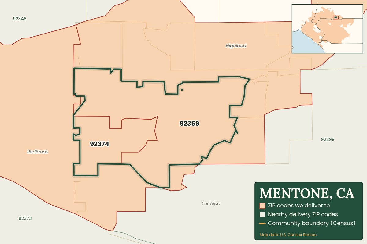 Map of Mentone, CA showing the ZIP codes Weed Delivery Redlands delivers to: 92359, 92374