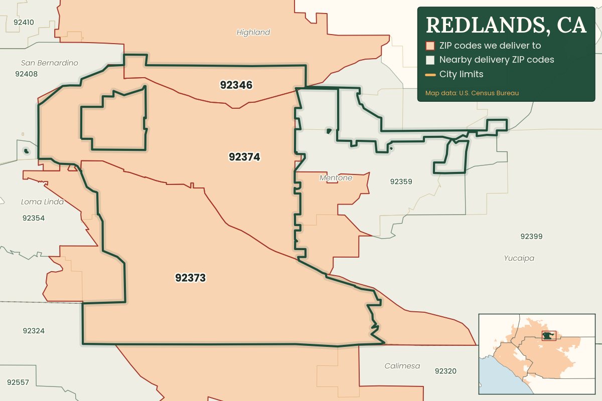 Map of Redlands, CA showing the ZIP codes Weed Delivery Redlands delivers to: 92346, 92373, 92374