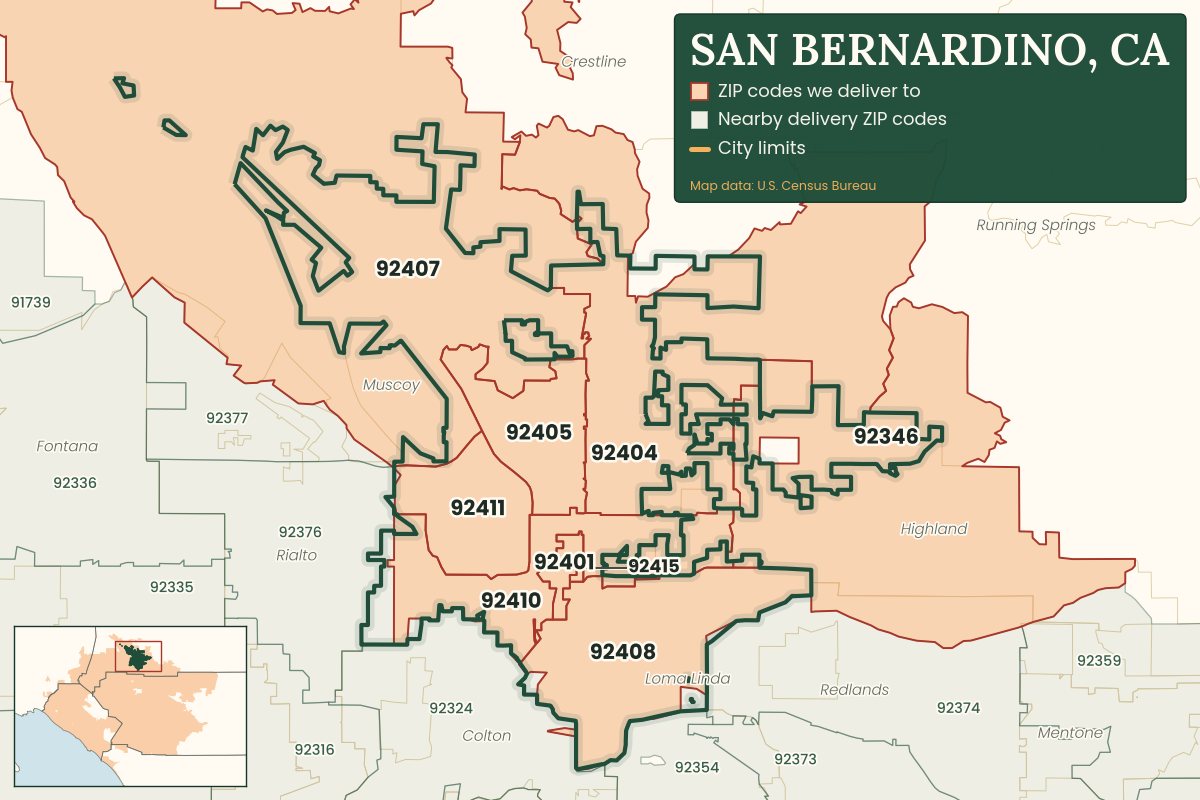 Map of San Bernardino, CA showing the ZIP codes Weed Delivery Redlands delivers to: 92346, 92401, 92404, 92405, 92407, 92408, 92410, 92411, 92415