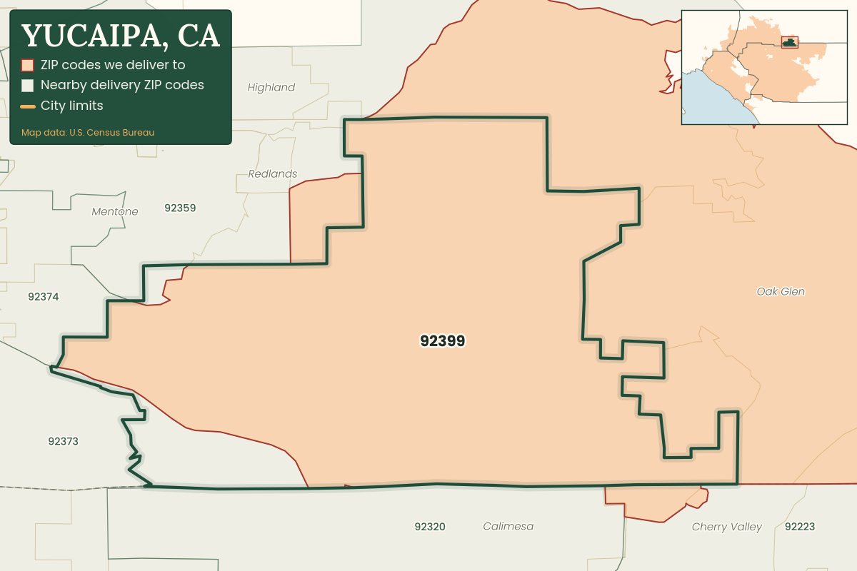 Map of Yucaipa, CA showing the ZIP codes Weed Delivery Redlands delivers to: 92399